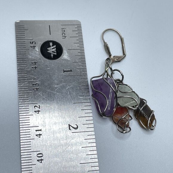Artisan Wire Wrap Multi Gemstone Dangle Lever Back Earrings Silver Tone Boho - Picture 6 of 6